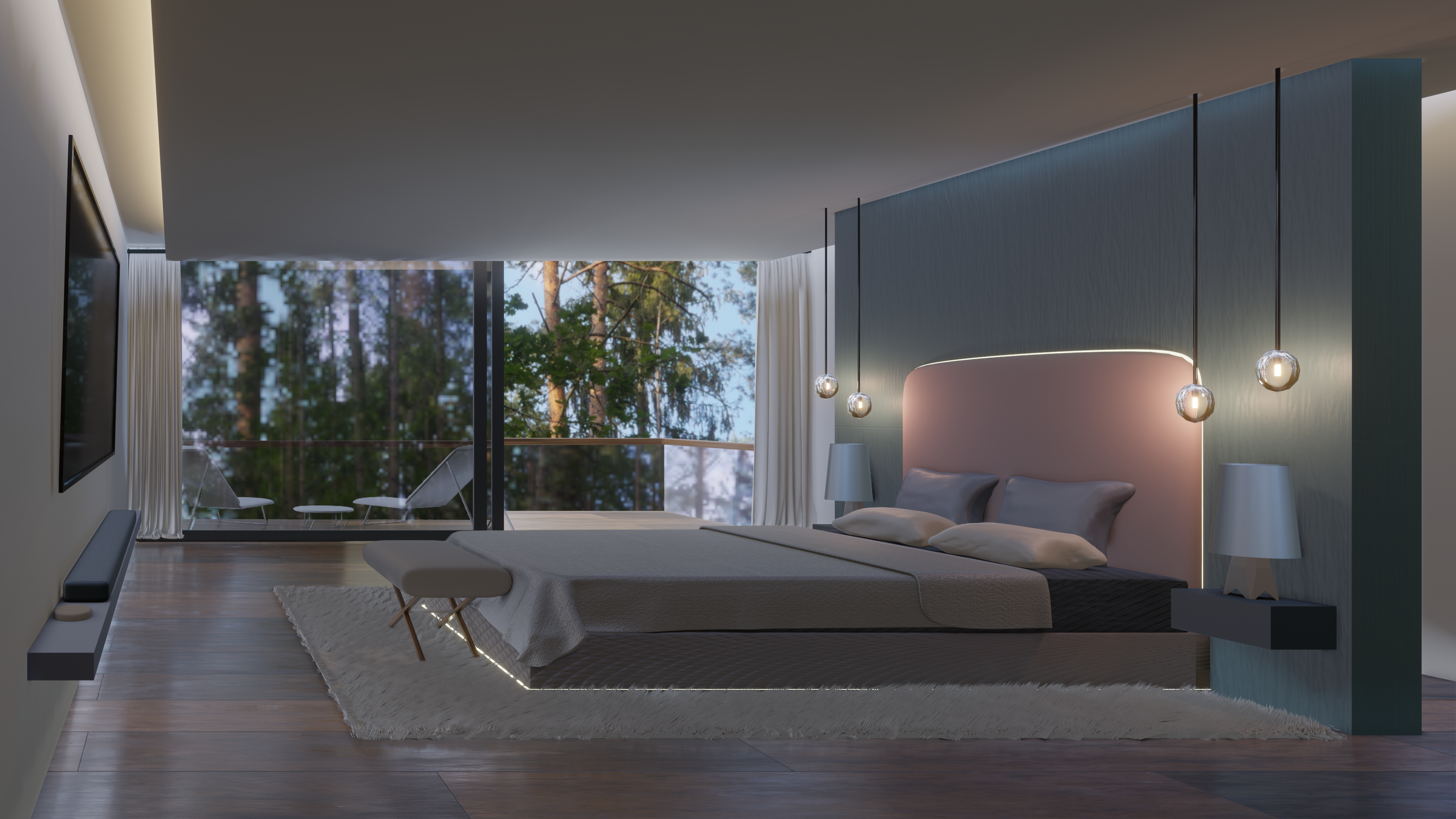 A minimalist bedroom of a house in the middle of a forest.