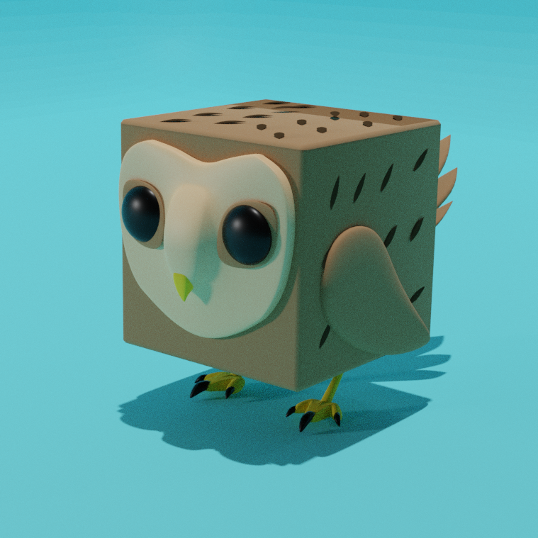 A stylized owl in the shape of a cube.